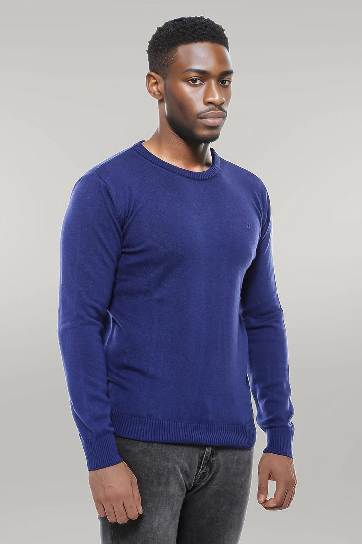 Navy Blue Crew Neck Embroidered Plain Knitwear - Wessi