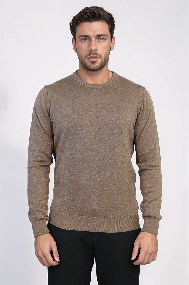 Brown Crew Neck Men Sweater - Wessi