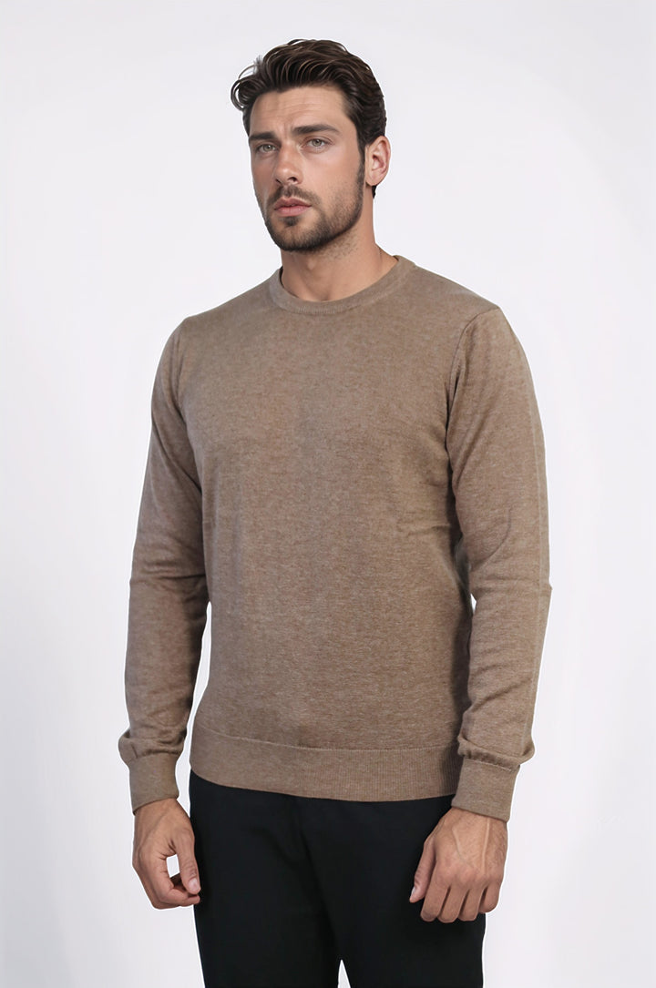 Brown Crew Neck Men Sweater - Wessi