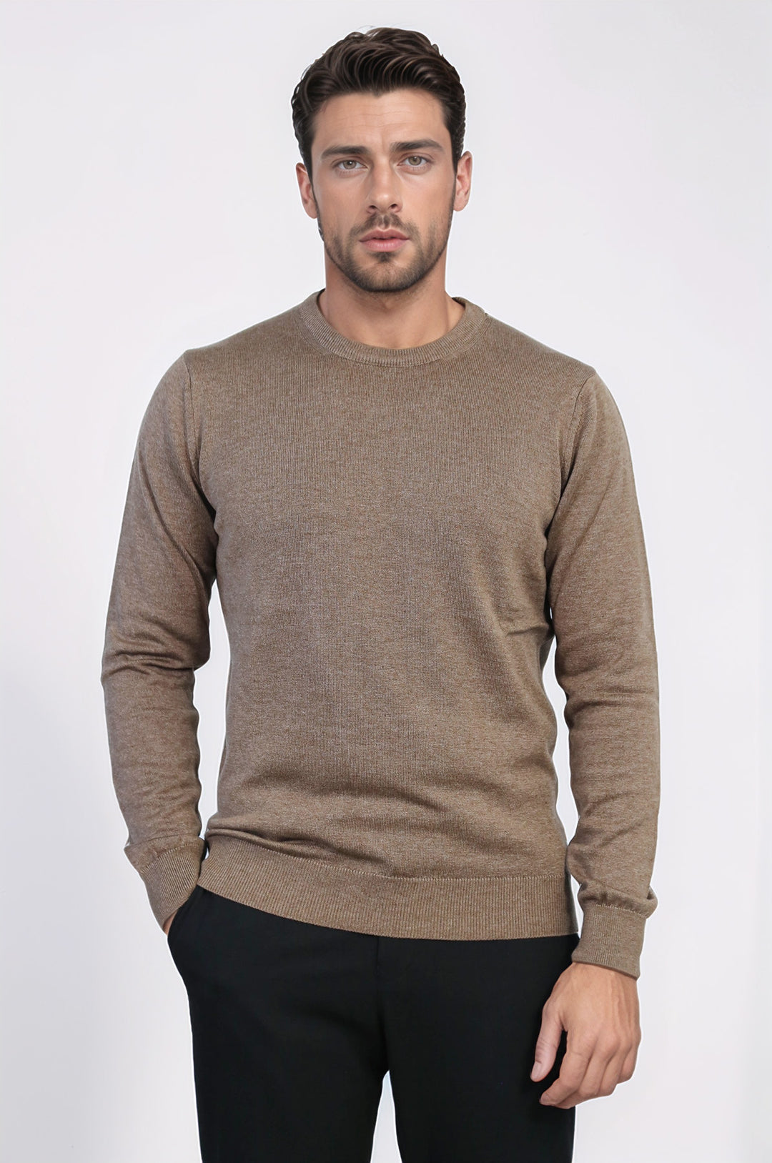 Brown Crew Neck Men Sweater - Wessi