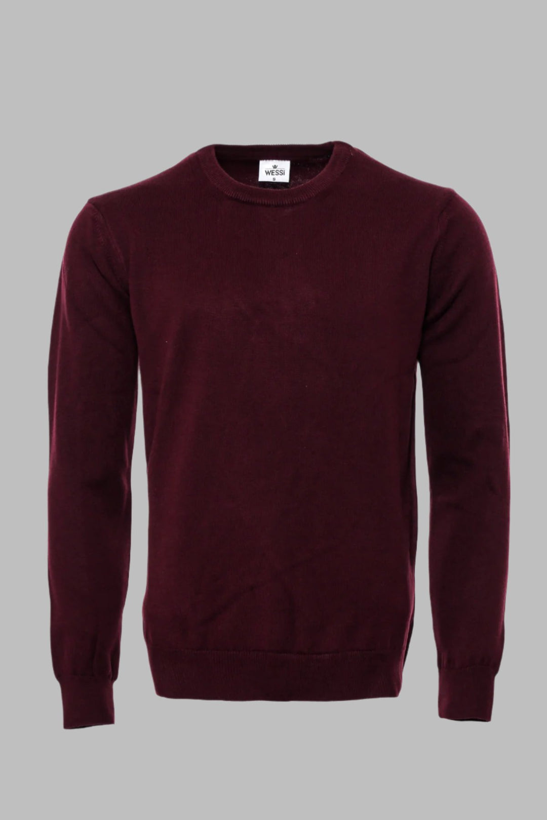 Crew Neck Plain Long Sleeves Burgundy Men Sweater - Wessi