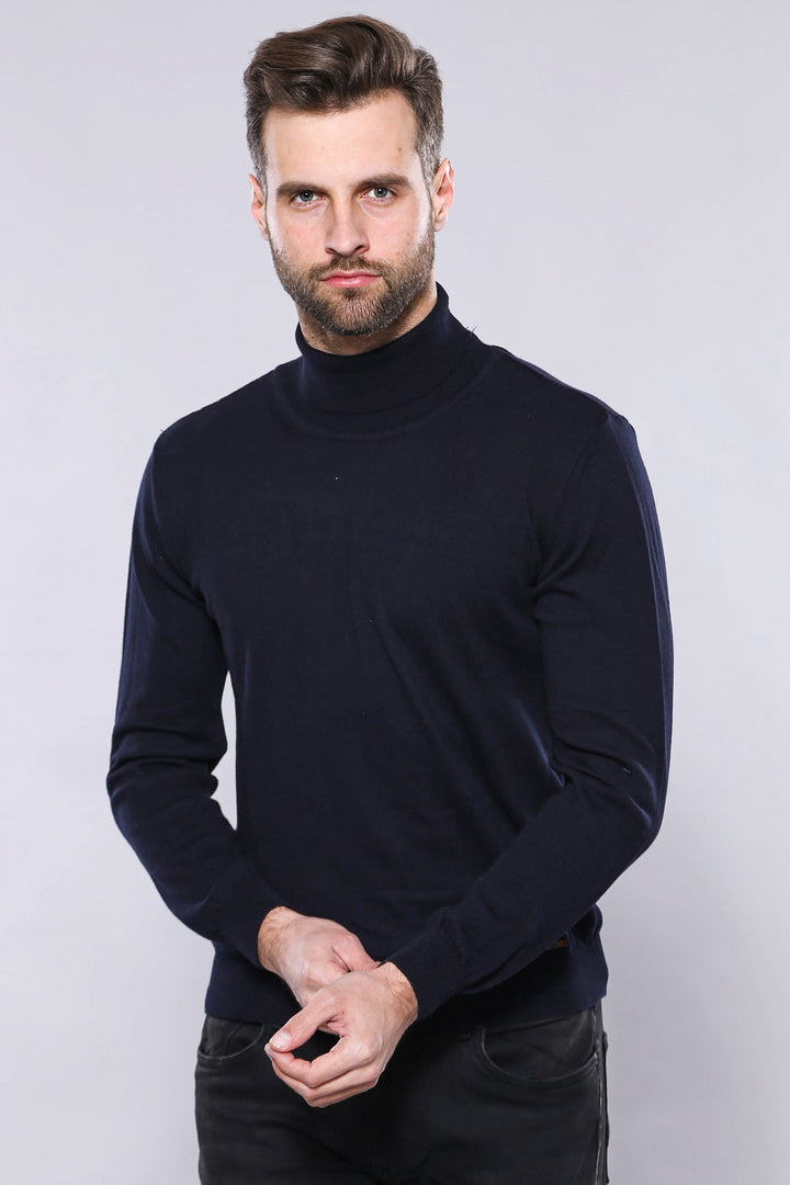 Maglione da uomo blu navy a collo alto | Wess