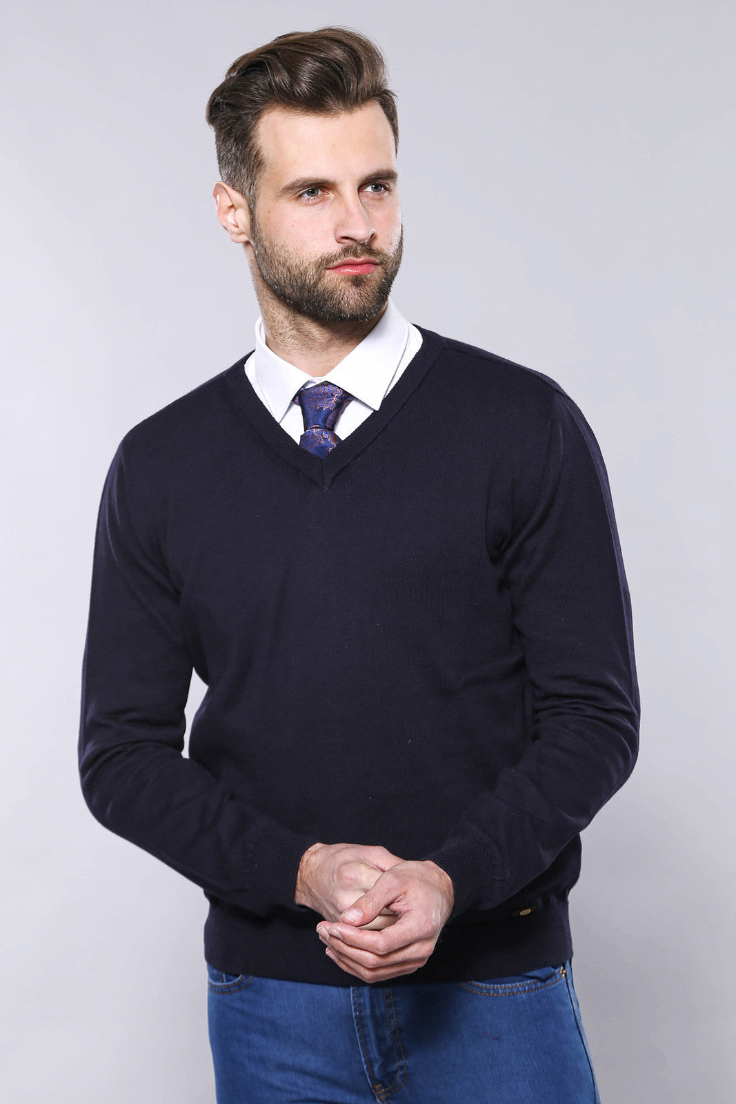 V Neck Navy Blue Sweater | Wessi