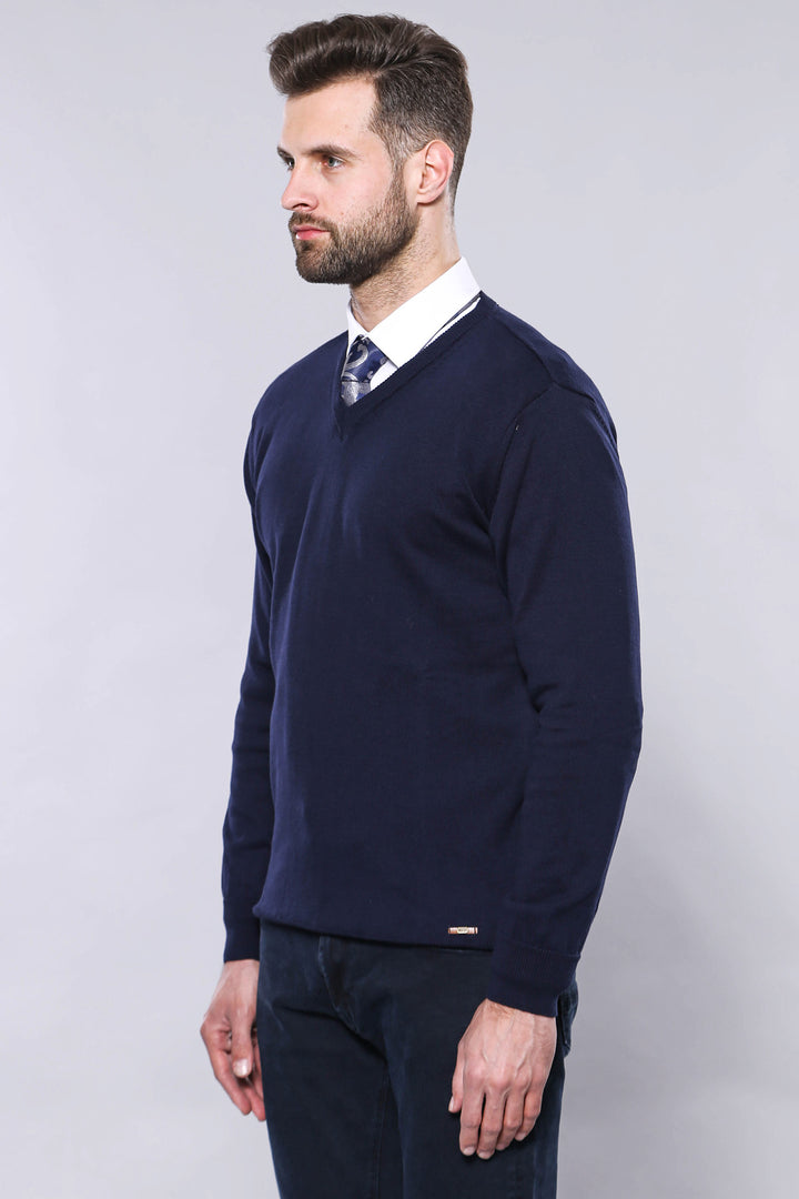 V Neck Dark Blue Knitwear | Wessi