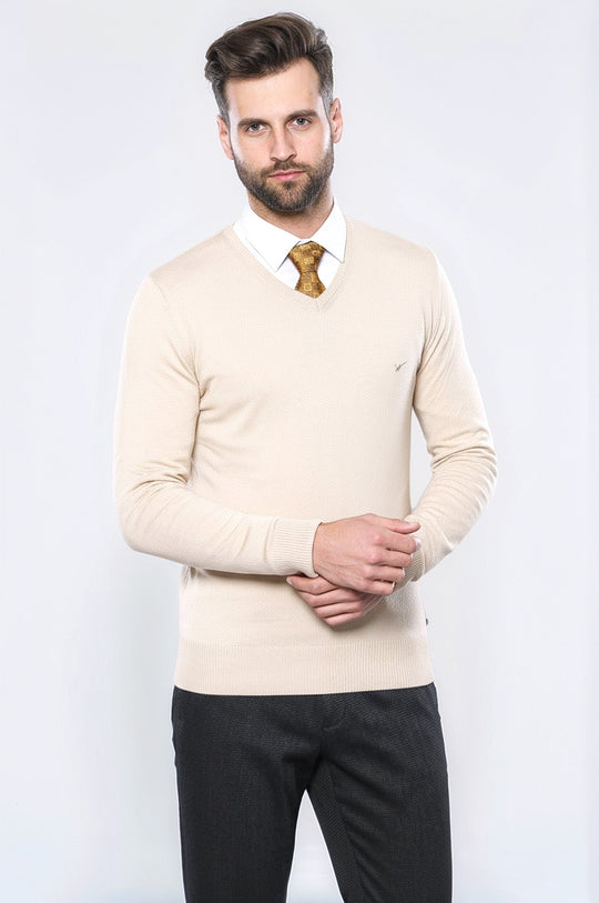 Slim Fit V Neck Long Sleeve Beige Men Knitwear