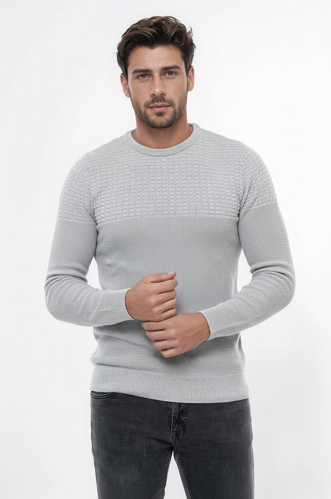 Circle Neck Patterned Light Grey Men Knitwear - Wessi