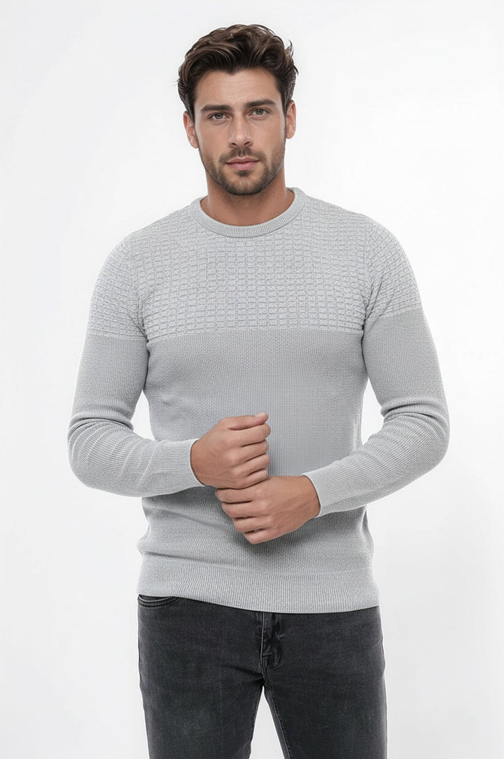 Circle Neck Patterned Light Grey Men Knitwear - Wessi