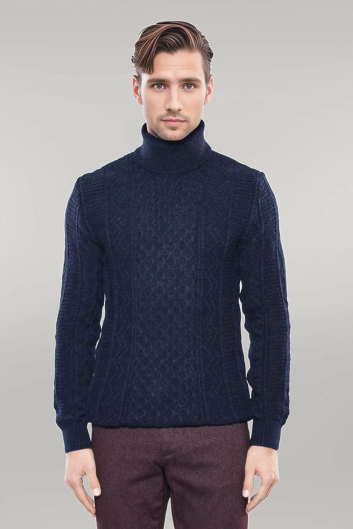 Patterned Turtleneck Navy Knitwear - Wessi