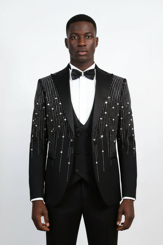 Black Crystal Embellished Slim Fit Peak Lapel Tuxedo Suit – Wessi