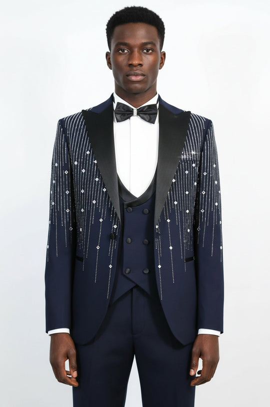 Navy Blue Crystal Embellished Slim Fit Peak Lapel Tuxedo Suit – Wessi