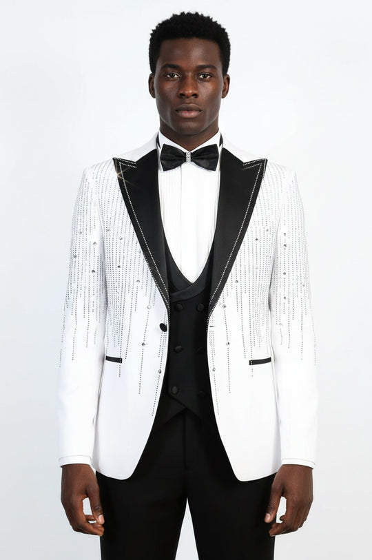 White Crystal Embellished Slim Fit Peak Lapel Tuxedo Suit – Wessi