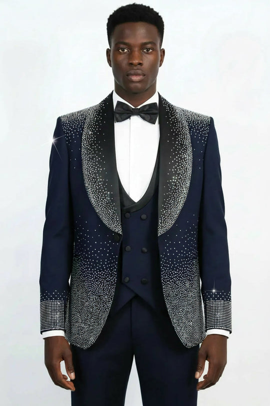 Navy Blue Silver Rhinestone Gradient Shawl Lapel Tuxedo Suit – Wessi