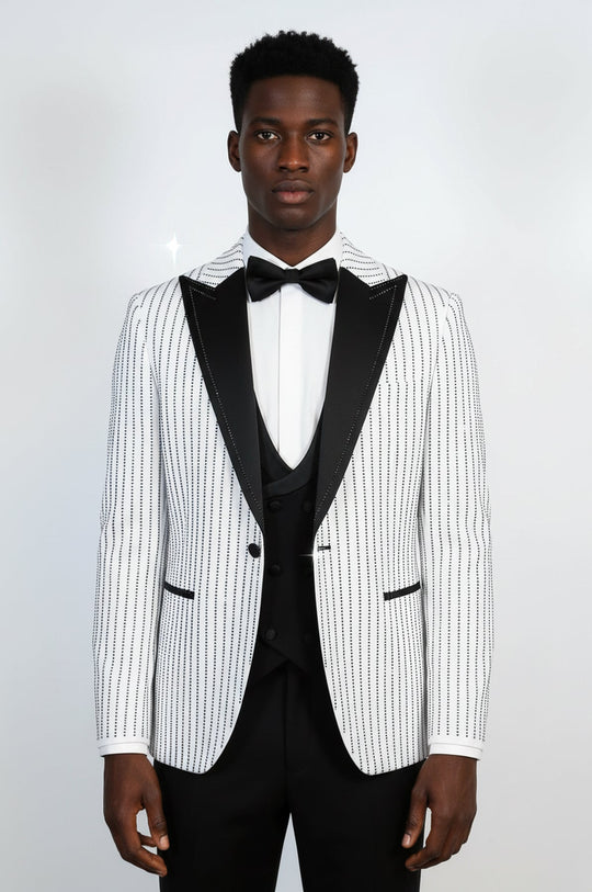 White Black Rhinestone Stripe Peak Lapel Tuxedo Suit – Wessi