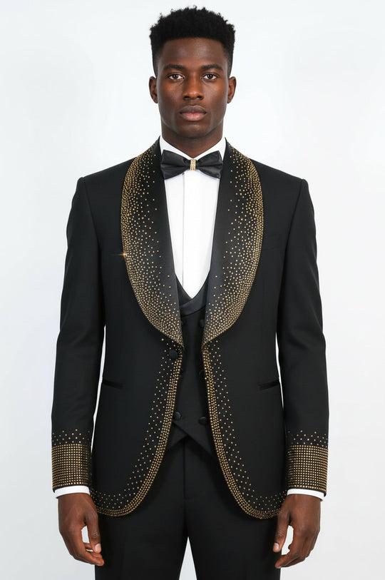 Black 3-Piece Suit with Gold Bead Embellished Shawl Lapel - Wessi