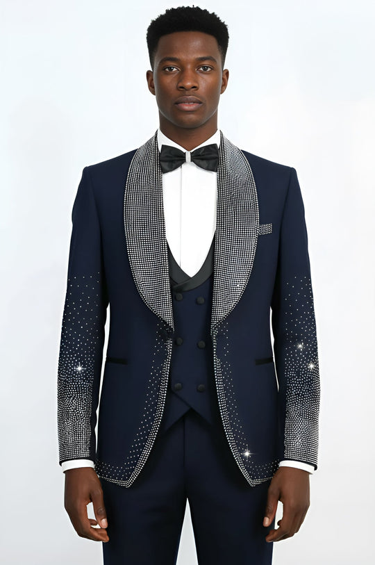 Navy Blue 3-Piece Suit with Silver Bead Embellished Shawl Lapel - Wessi