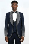 Navy Blue 3-Piece Suit with Silver Bead Embellished Shawl Lapel - Wessi