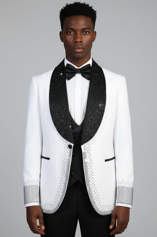 White 3-Piece Suit with Black Bead Embellished Shawl Lapel - Wessi