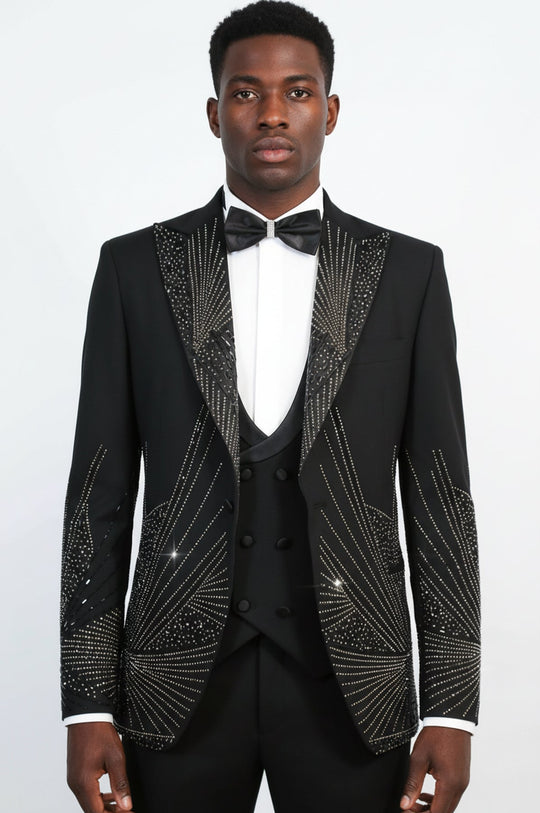 Black Silver Sunburst Rhinestone Peak Lapel Tuxedo Suit – Wessi