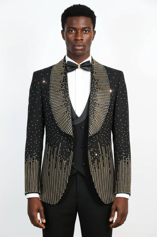 Black 3-Piece Suit with Gold Vertical Bead Embellishments | Wessi Wessi - Discover Diversity Black 3-Piece Suit with Gold Vertical Bead Embellishments | Wessi Wessi - Discover Diversity
