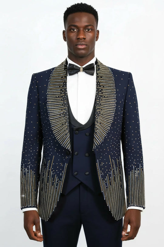 Navy Blue 3-Piece Suit with Gold Vertical Bead Embellishments - Wessi