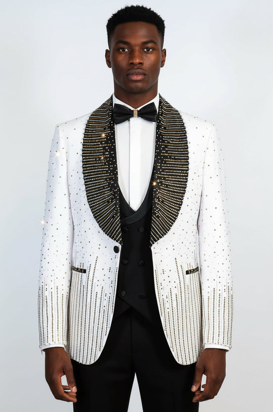 White 3-Piece Suit with Gold Vertical Bead Embellishments - Wessi