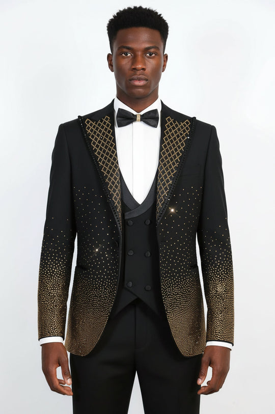 Black 3-Piece Suit with Gold Geometric Patterned Peak Lapel - Wessi