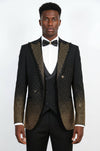 Black 3-Piece Suit with Gold Geometric Patterned Peak Lapel - Wessi