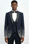 Navy Blue 3-Piece Suit with Silver Geometric Patterned Peak Lapel - Wessi