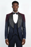 Men's Navy Blue Burgundy Ombre Rhinestone Shawl Lapel 3-Piece Tuxedo Suit - Wessi