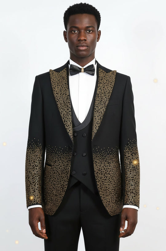Men's Black Peak Lapel Tuxedo with Gold Hem-Embellished Rhinestones 3-Piece - Wessi