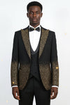 Men's Black Peak Lapel Tuxedo with Gold Hem-Embellished Rhinestones 3-Piece - Wessi