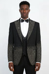 Men's Black Peak Lapel Tuxedo with Anthracite Hem-Embellished Rhinestones 3-Piece - Wessi