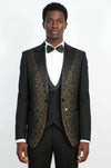 Men's Black Peak Lapel 3-Piece Tuxedo Suit with Gold Rhinestone Trim - Wessi