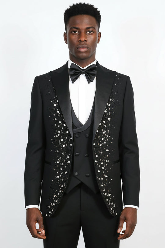 Men's Black Peak Lapel 3-Piece Tuxedo Suit with Silver Square Crystal Trim - Wessi