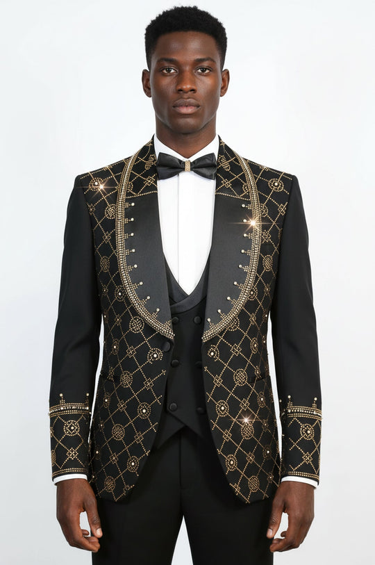 Men's Black Shawl Lapel 3-Piece Tuxedo Suit with Gold Geometric Rhinestone Pattern - Wessi
