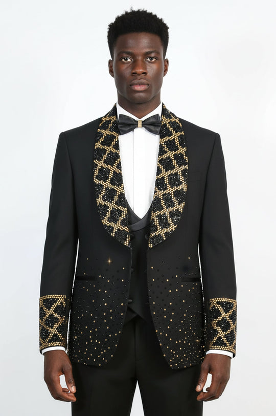 Black Shawl Lapel 3-Piece Tuxedo Suit with Gold Honeycomb Rhinestone Pattern | Wessi Wessi - Discover Diversity Black Shawl Lapel 3-Piece Tuxedo Suit with Gold Honeycomb Rhinestone Pattern | Wessi Wessi - Discover Diversity