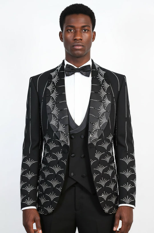 Men's Black Shawl Lapel 3-Piece Tuxedo Suit with Silver Sunburst Rhinestone Pattern - Wessi