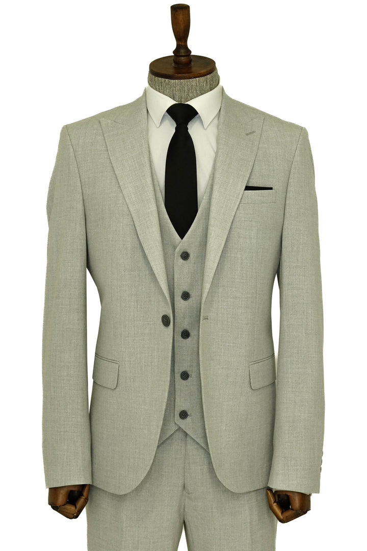 Three Piece Slim Fit Single Button Grey Men Suit