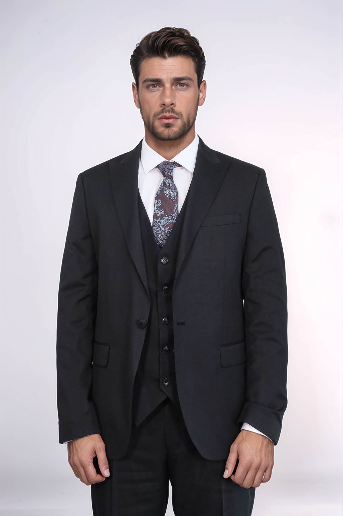 3 -Piece Single Button Peak Lapel Black Men Suit - Wessi – Wessi