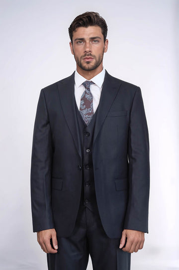 3 -Piece Single Button Peak Lapel Dark Blue Men Suit - Wessi