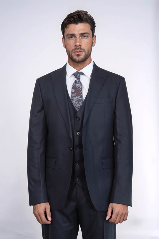 3 -Piece Single Button Peak Lapel Dark Blue Men Suit - Wessi