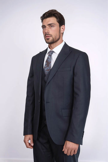 3 -Piece Single Button Peak Lapel Dark Blue Men Suit - Wessi