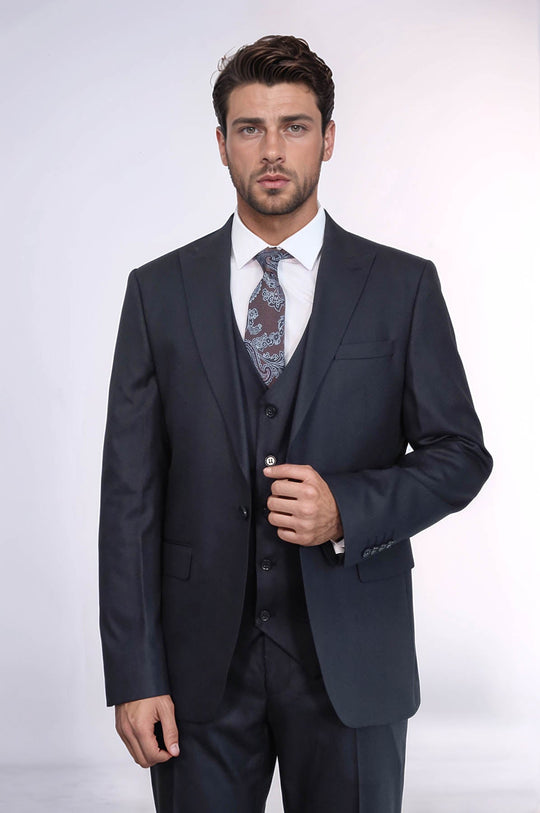 3 -Piece Single Button Peak Lapel Dark Blue Men Suit - Wessi