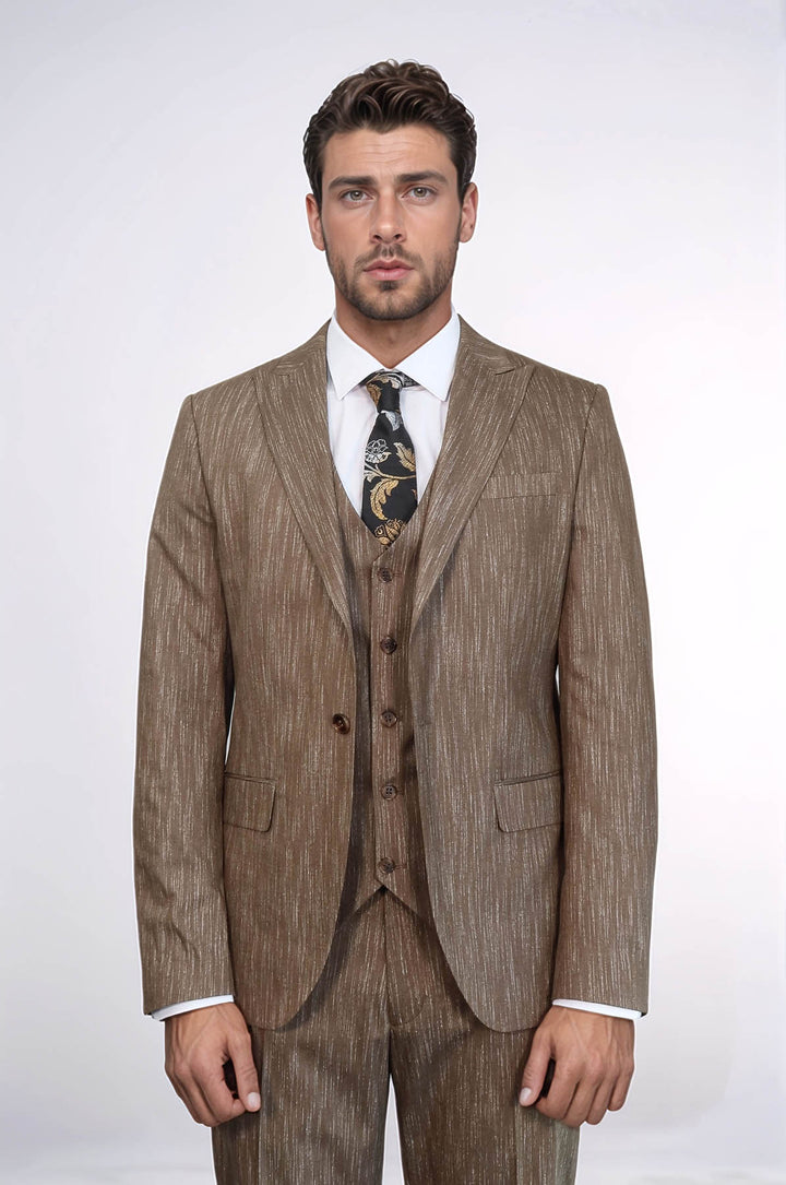 Costume 3 Pièces à Revers en Pointe à Un Bouton Beige pour Homme - Wessi