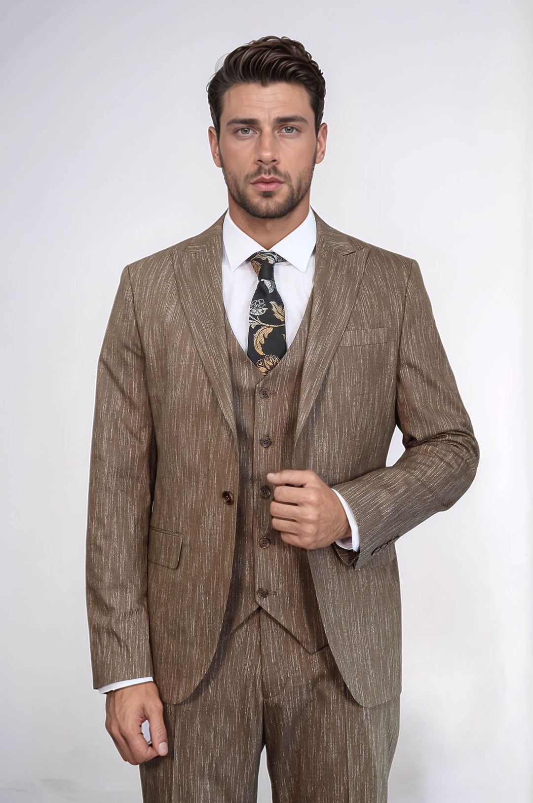 Costume 3 Pièces à Revers en Pointe à Un Bouton Beige pour Homme - Wessi