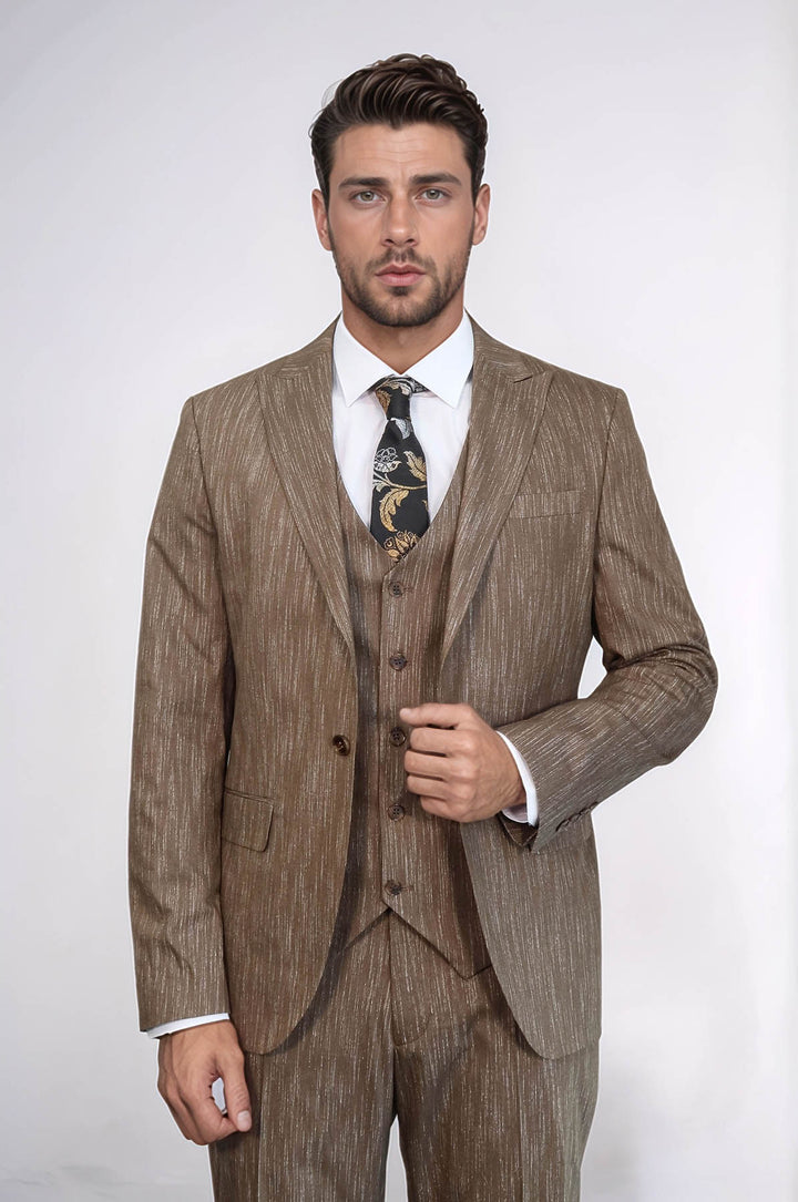Costume 3 Pièces à Revers en Pointe à Un Bouton Beige pour Homme - Wessi