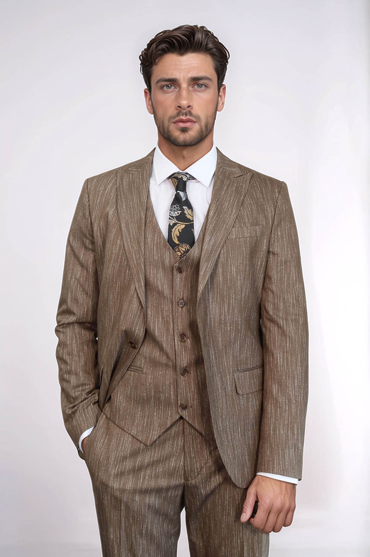 Costume 3 Pièces à Revers en Pointe à Un Bouton Beige pour Homme - Wessi