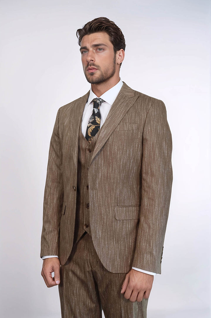 Costume 3 Pièces à Revers en Pointe à Un Bouton Beige pour Homme - Wessi