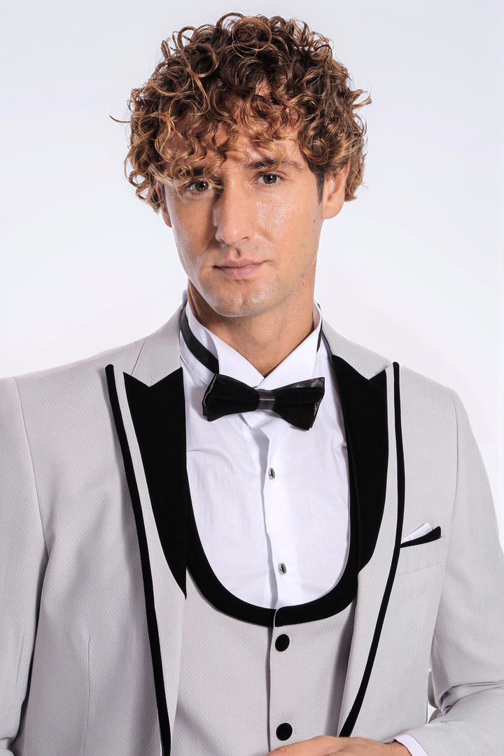 Velvet Lapel Vested Patterned Grey Men Tuxedo - Wessi