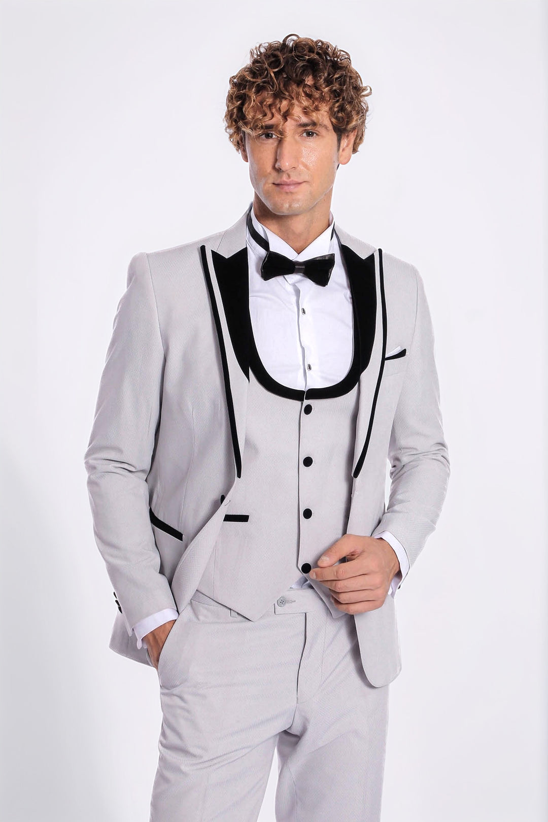 Velvet Lapel Vested Patterned Grey Men Tuxedo - Wessi